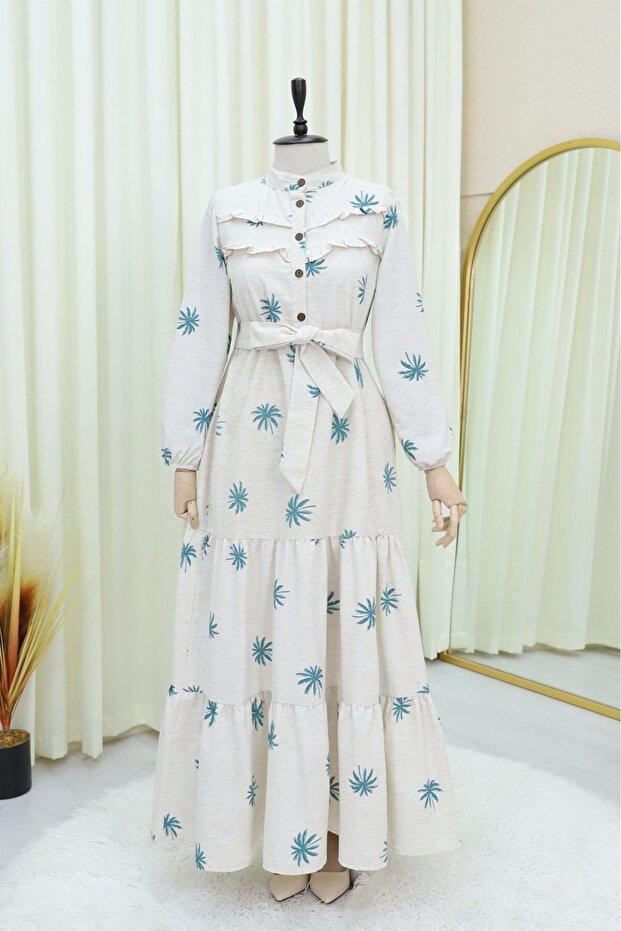 Ruffled Front Half Button Piece Linen Dress - Petrol