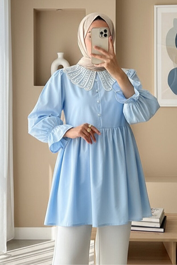 Organza Baby Collar Half Button Tunic with Elastic Sleeves - Baby Blue