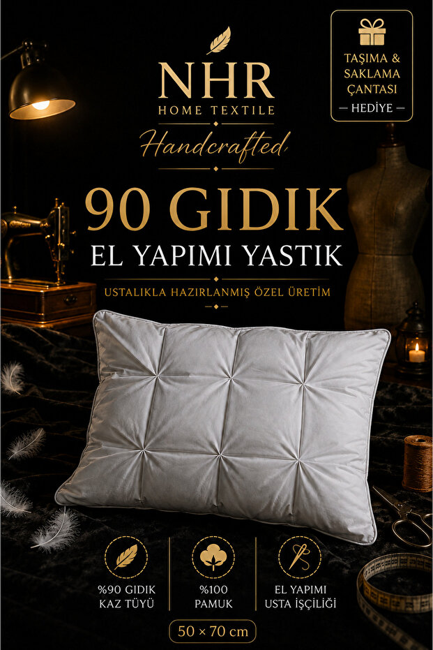 Premium Handmade, 100% Goose down Filling, 90% Goose Down, Sleeping Pillow / 50X70 1000Gr