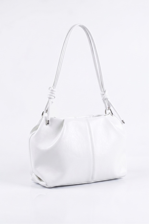 Women's White Shiny Textured Knot Detailed Large Internal Volume Adjustable Cross Strap Shoulder Bag