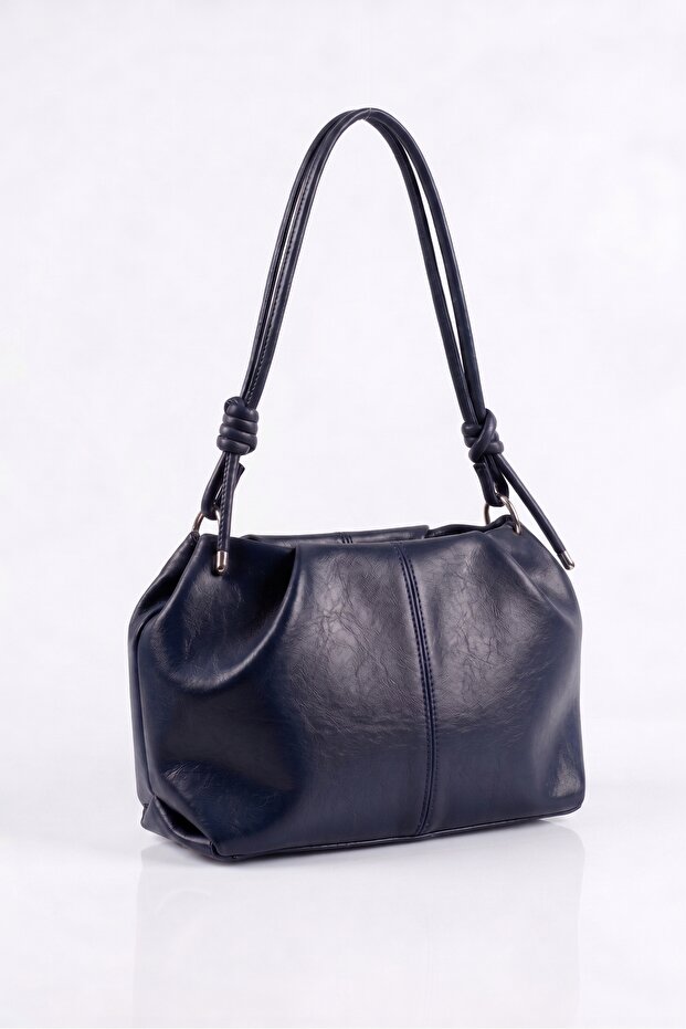 Women's Navy Blue Shiny Textured Knot Detailed Large Internal Volume Adjustable Cross Strap Shoulder Bag