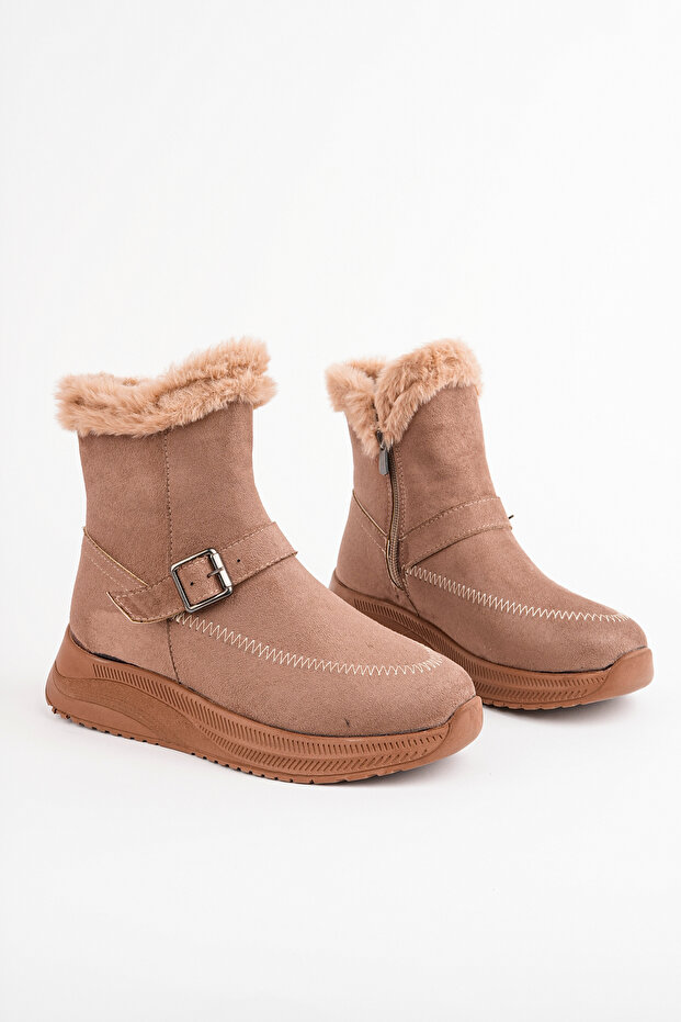 Women's Mink Suede Plush Fur Buckle Zipper Winter Boots Thick Sole Casual Boots