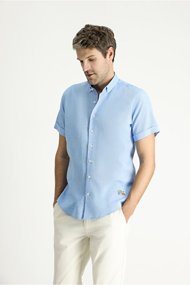 Short Sleeve Slim Fit Slim Fit Patterned Sports Linen Blended Shirt