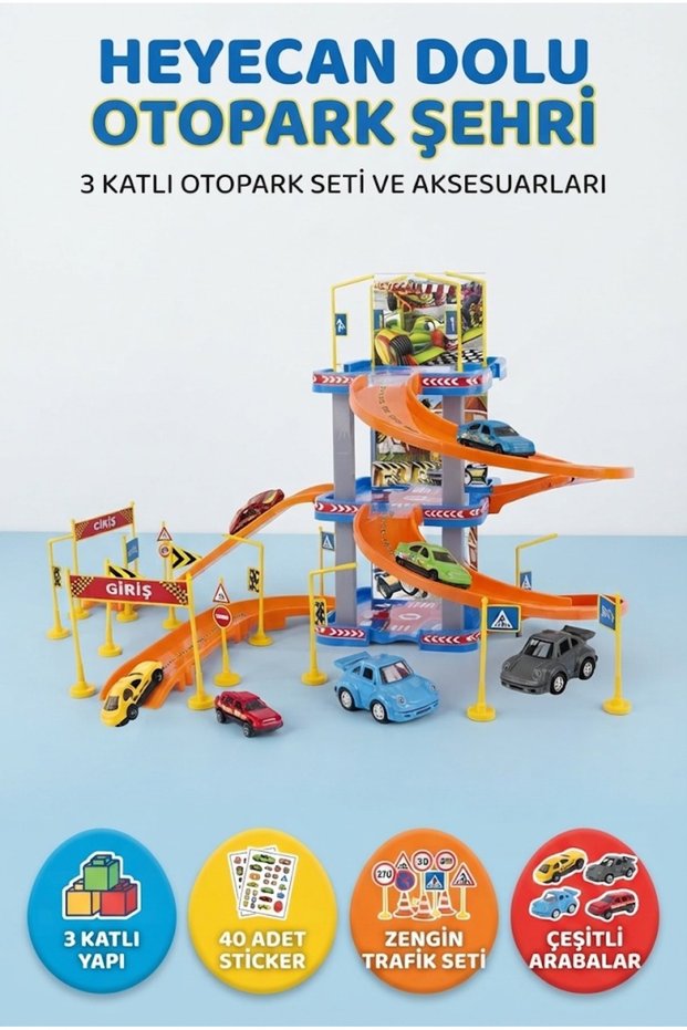 Parking garage playset - 3-story car garage with 41 pieces & traffic accessories