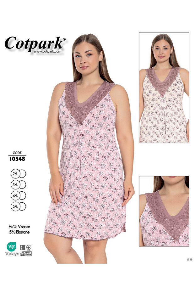 Women's Viscose Combed Cotton Fabric Zero Sleeve Lace Detailed Nightgown / Coffee - Pink 10548