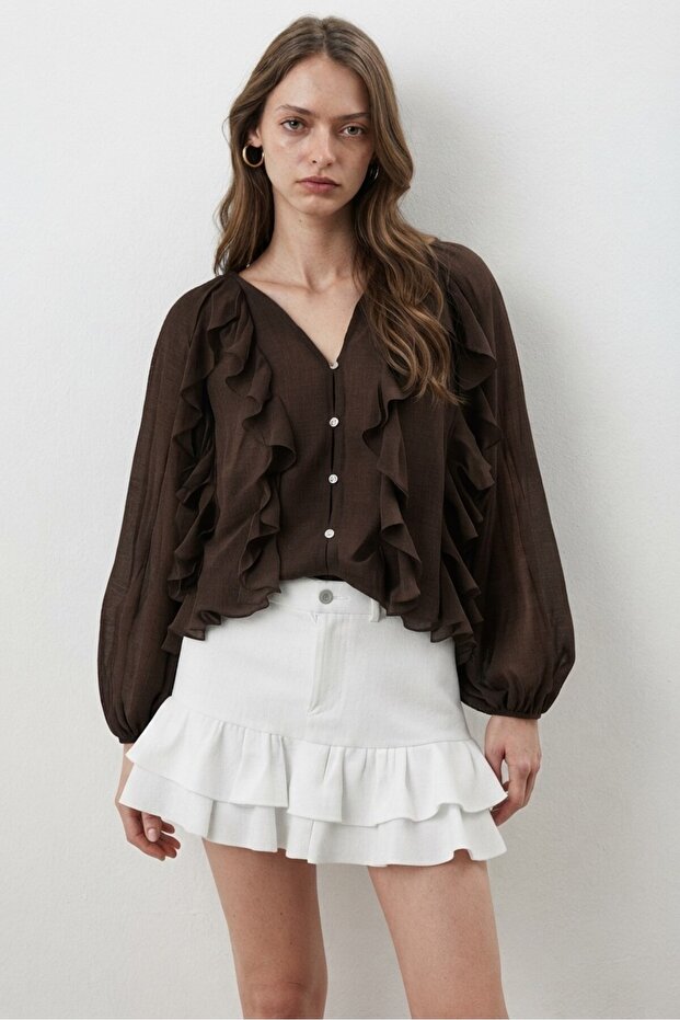 Ruffled Chiffon Blouse Shirt Brown