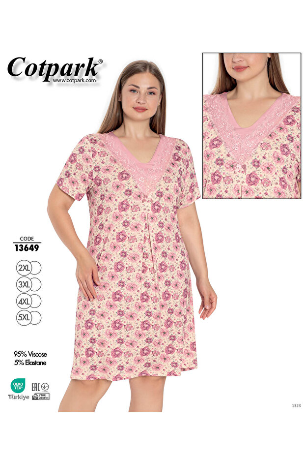 Women's Plus Size Viscose Fabric Lace Detailed Short Sleeve Patterned Nightgown 13649