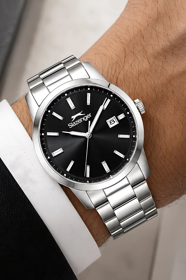 Steel Band with Calendar, Steel Case Men's Wristwatch Bracelet Gift Silver-Black Sdslz002