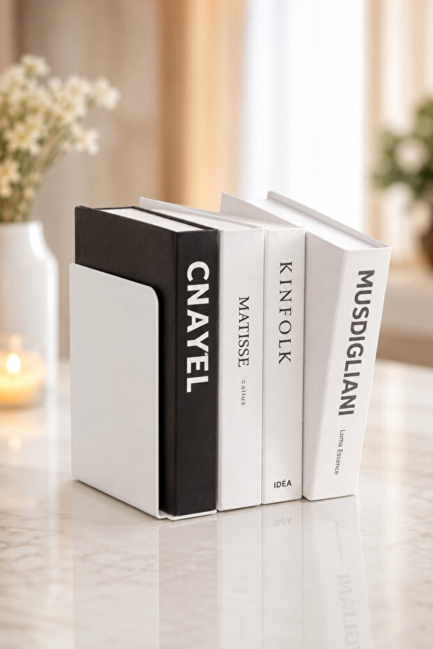 2 Pieces | |   White | |   Flat Model Metal Book Support Book Holder Decorative Accessory Bookend Decorative Book Support Desktop Bookshelf Organizer Shelf Book Rest Office Home Study Desk Book