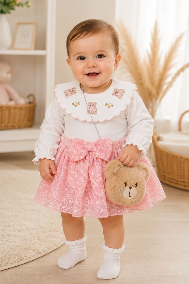 Baby Girl Lace Detailed Teddy Bear Figured 3-Piece Set