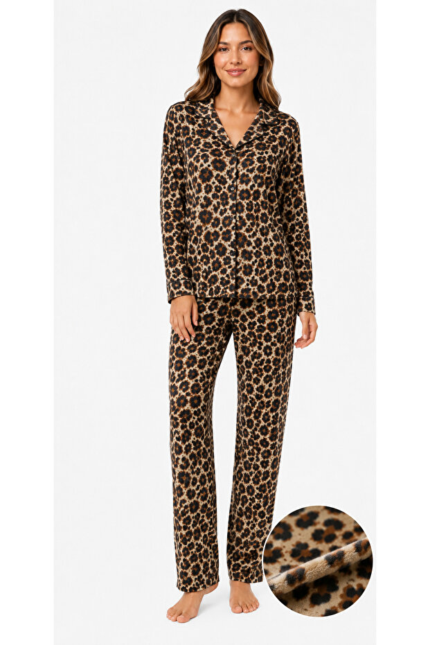 Women's seasonal suede long sleeve dark leopard print pajama set