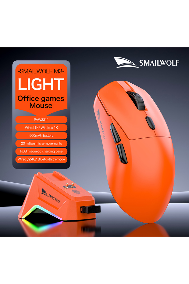 ماوس SMAILWOLF M3 PRO اللاسلكي بتقنية بلوتوث بثلاثة أوضاع، لون برتقالي أساسي، مناسب للألعاب الإلكترونية، وأجهزة الكمبيوتر المحمولة، وأجهزة الكمبيوتر المكتبية.