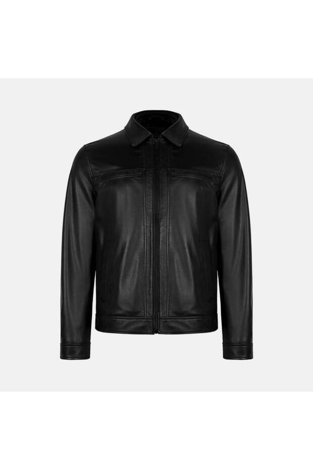 Men's Black Shirt Collar Leather Jacket