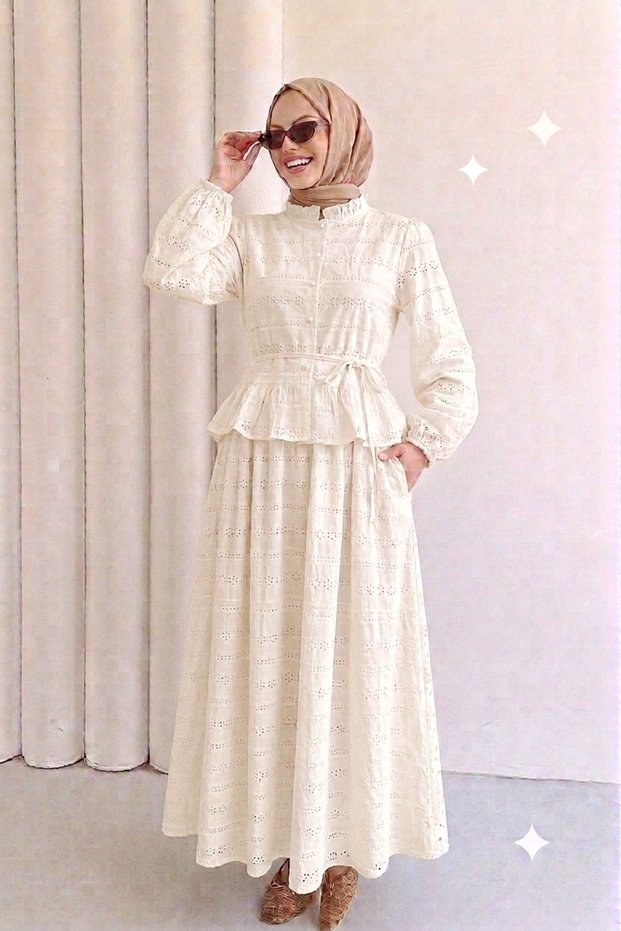 Crew Neck Scalloped Lined Shirt and Elastic Waist Skirt Two-Piece Set