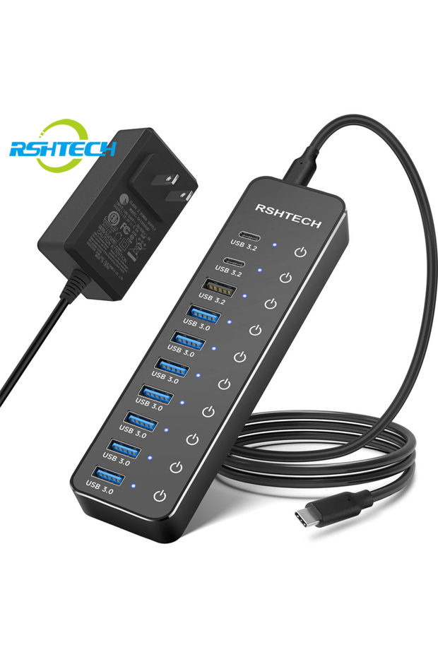 US Plug Adapter RSHTECH USB Hub 10-Port USB C Hubs 60W with 10Gbps Data Transfer Ports Individual To