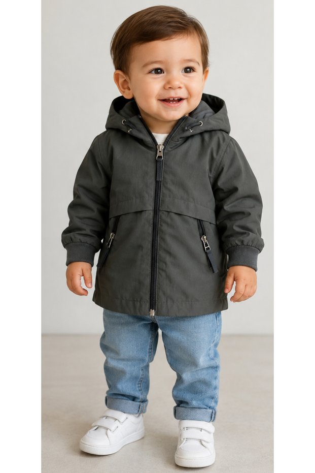 Baby Boy Hooded Raincoat Windbreaker with Zipper Closure Pockets and Zippered Inner Mesh Lining in Anthracite Color