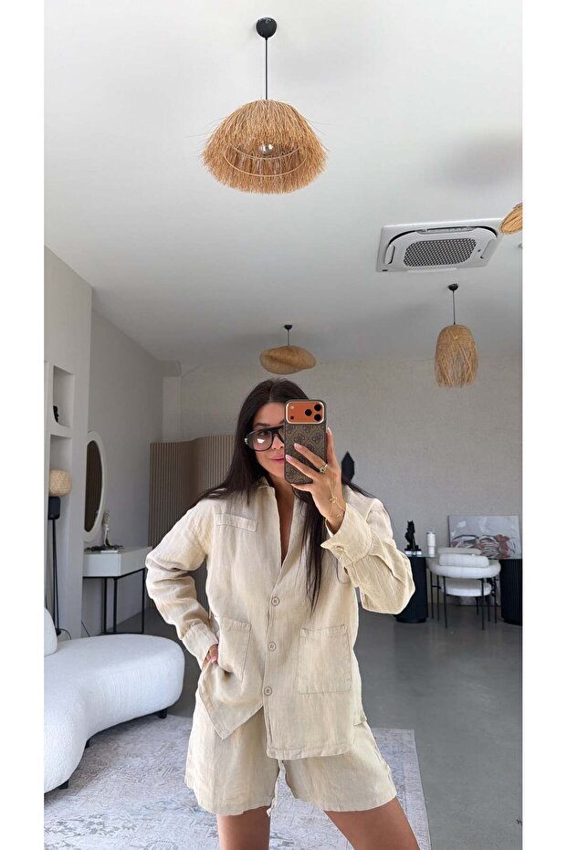 Stone Color Raw Linen Shorts Jacket Set