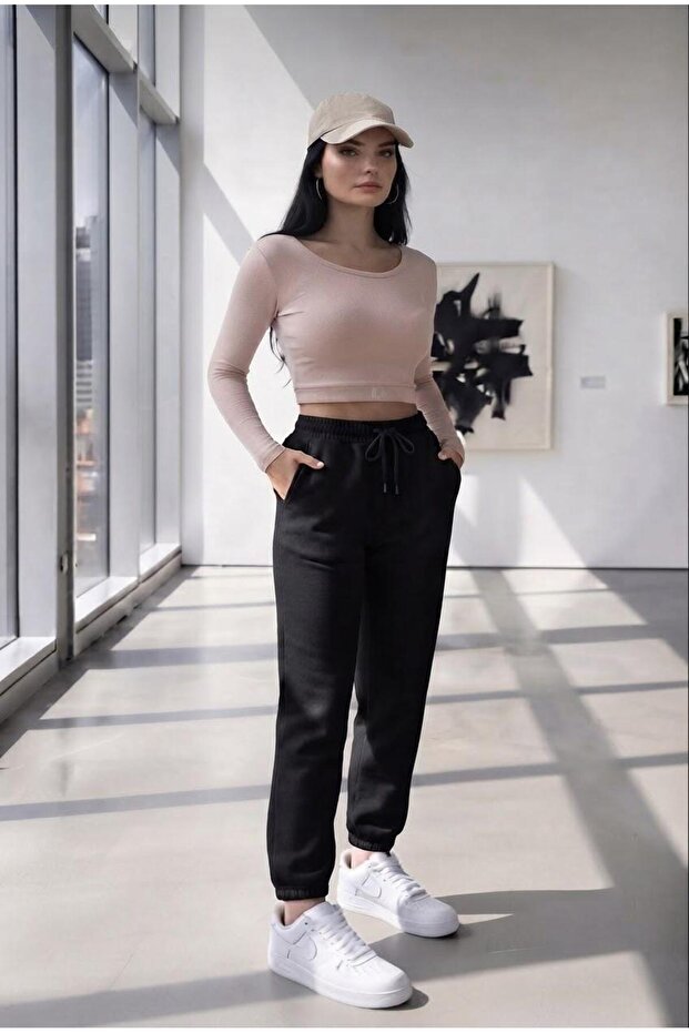 Women's Black 3 Thread Combed Cotton Sweatpants