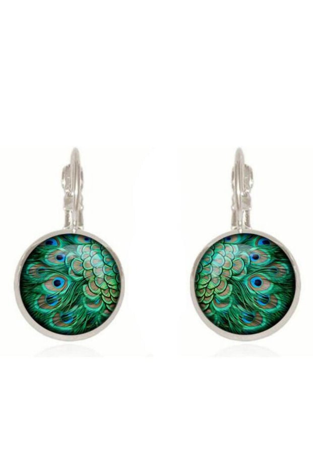 silver Vintage Green Peacock Feather Earrings For Women Bronze Plated Glass Dome Cabochon Earrings J