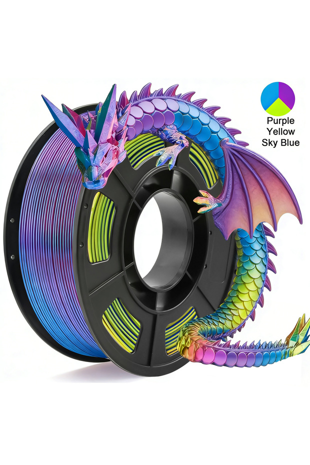 Tricolor Silk PLA 3D Printer Filament, 1.75mm Multicolor 3D Printing Filament, Purple&Sky Blue&Yello