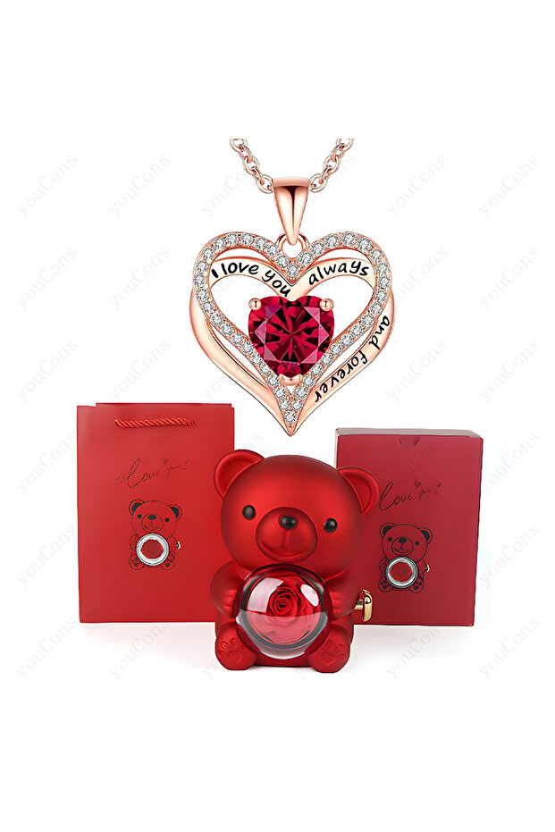 181RD-BX14RD Red Heart Pendant Necklaces With Cute Bear Rose Gift Box For Women Mother Day 2026 Chri