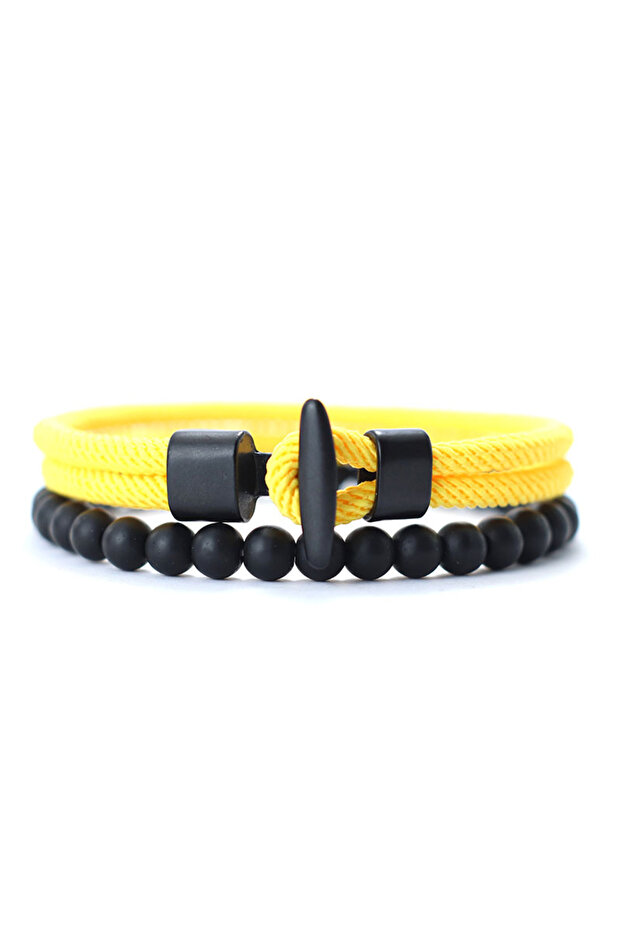 yellow 2Pcs Onyx Stone Nylon Rope Bracelet Set Men Handmade Bistratal 6mm Beaded Braided Braclet Jew