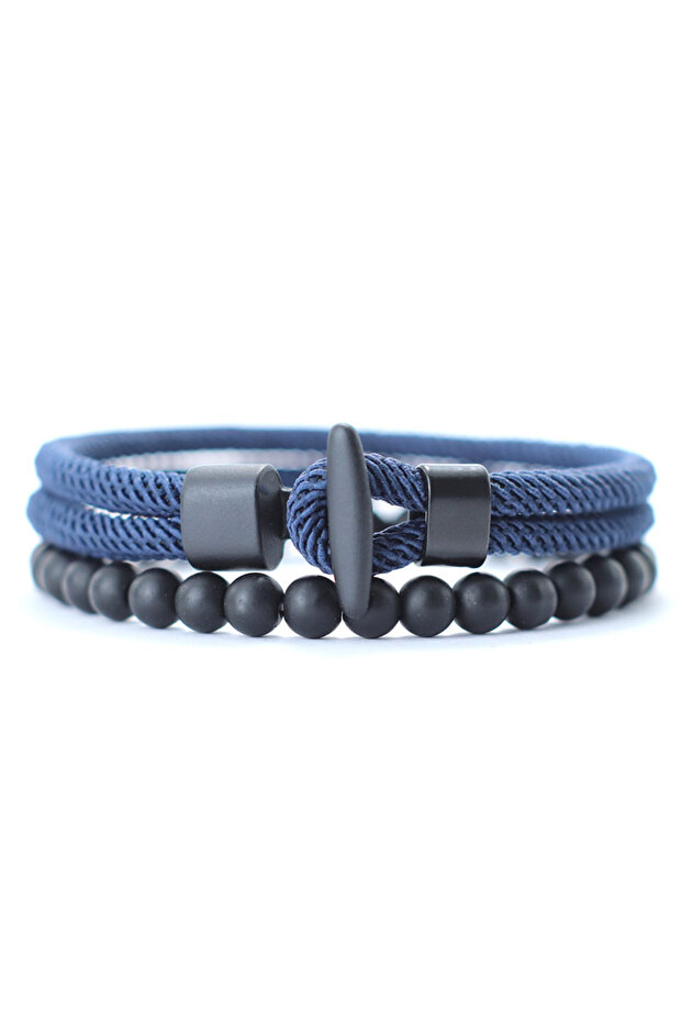 navy 2Pcs Onyx Stone Nylon Rope Bracelet Set Men Handmade Bistratal 6mm Beaded Braided Braclet Jewel