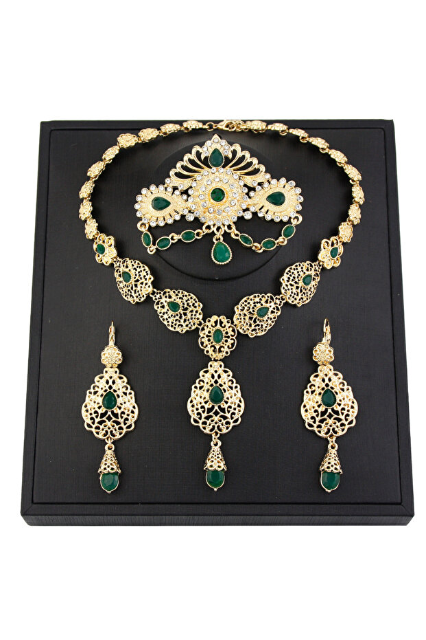 LL9104U201green Sunspicems Chic Morocco Bride Jewelry Sets Gold Color Arabia Drop Earring Choker Nec