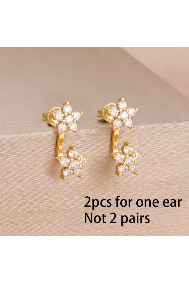 gold-white-2PCS Exquisite Multicolor Crystal Flower Hoop Earrings for Women Girl Stainless Steel Fas