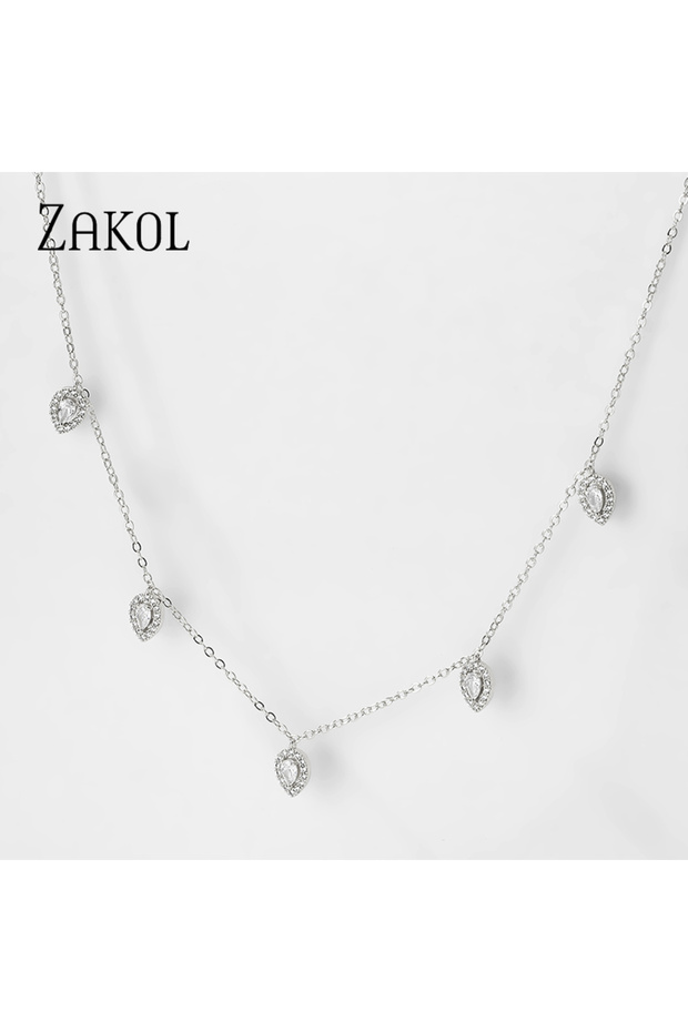 Sliver Color ZAKOL Korean Fashion Leaf Water Drop Choker Necklaces for Women AAA Cubic Zirconia Thin