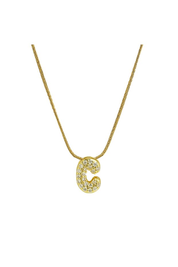 45cm C Cute English Letter Initial Necklace 18K Gold Plated Zircon Paved Necklace Puffy Bubble Lett