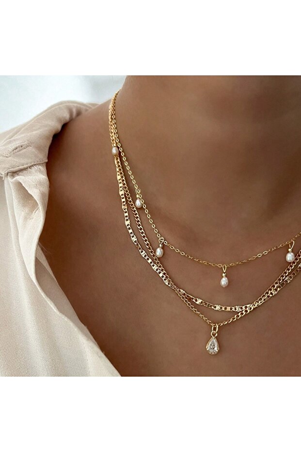 Gold 1pc Delicate & Simple Faux Pearl Drop Pendant Multi-Layer Necklace, Suitable For Daily Wear For