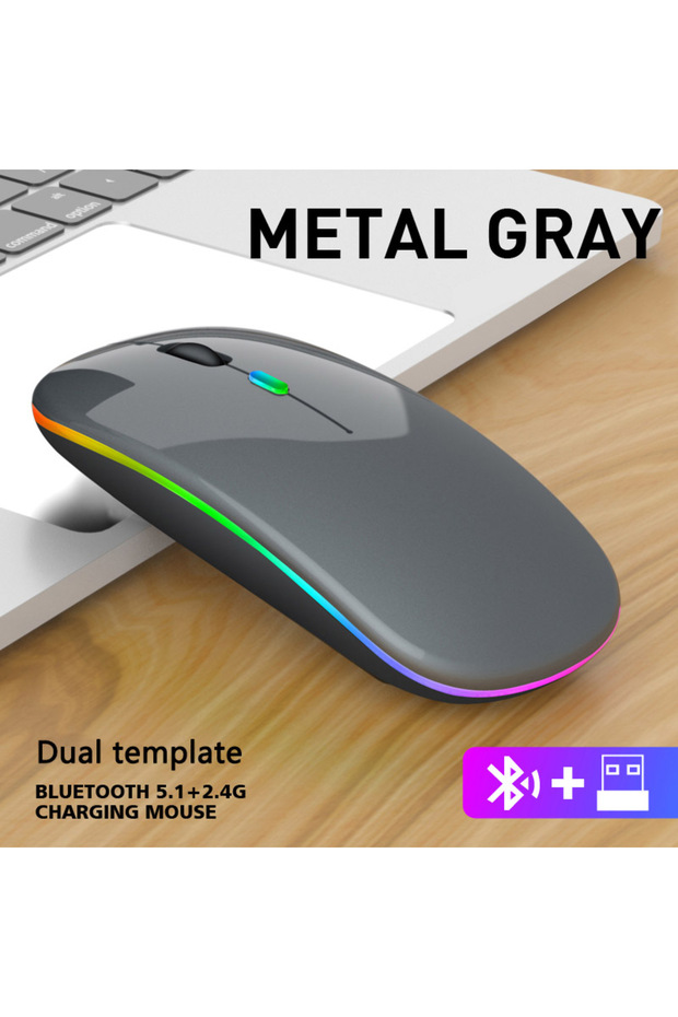 Gray Wireless Bluetooth Mouse 2.4G Dual Modes Rechargeable Mice RGB Ergonomic Silent Click Mouse For