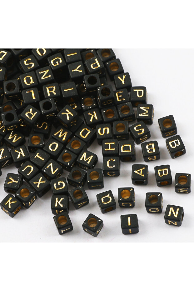 B06410 100pcs 6mm Black Gold Color Square Letter Beads Random Mixed Alphabet Acrylic Loose Beads For