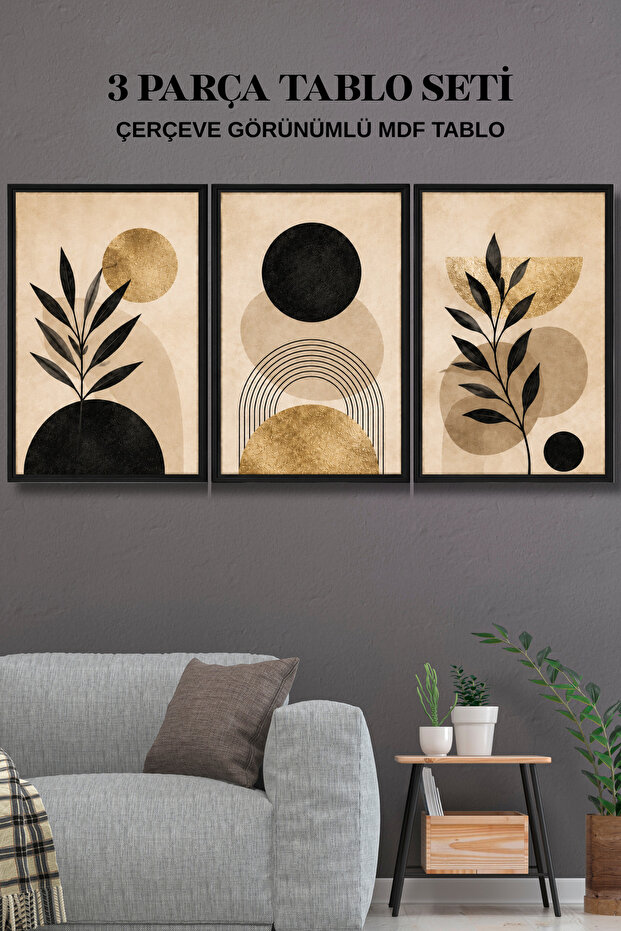 3-Piece Framed Look Gold Black Bohemian Botanical Abstract Mdf Painting Set Living Room Living Bedroom Kitchen Wall Decor