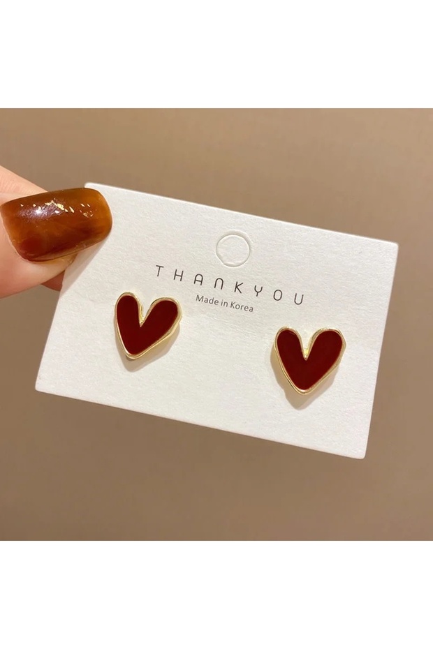 01 Wine Red Love Stud Earrings Female Temperament Niche Earrings Ins Retro Little Peach Heart Earrin
