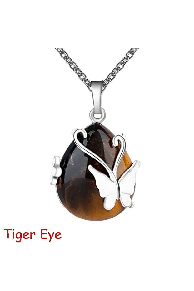 Tiger Eye Vintage Wire Wrap Butterfly Gemstone Rose Quartz Amethyst Opalite Healing Crystal Pendant