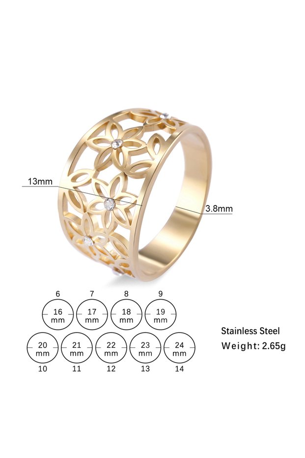 11 Gold Hollow Elegant Flower of Life Ring Stainless Steel Ladies and Girls Zircon Vintage Ring Leis