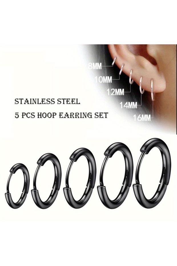 5pcs black 5pcs/Set Men's Stainless Steel Hoop Earrings for women