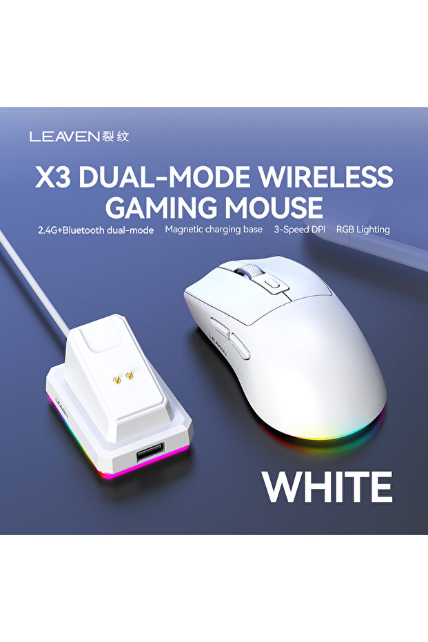 white LEAVEN X3 2.4G Bluetooth Dual Mode Receiver Optical Mouse Wireless Gaming Mouse 1600DPI Blueto