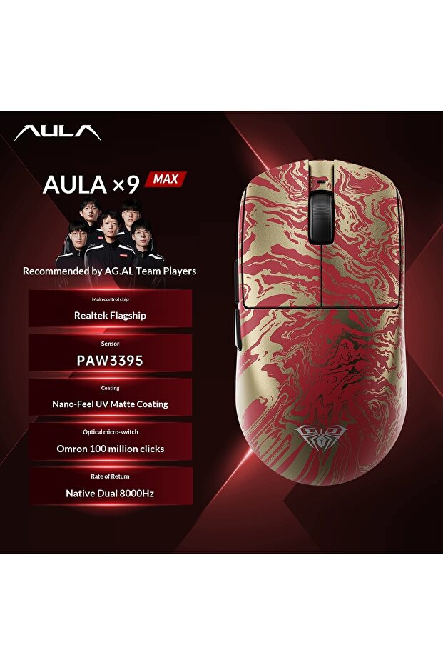 AULA X9 Max Red AULA X9 Max Ultra Gaming Mouse Wireless Tri Mode Dual 8KHz 500mAh PAW3950 Lightweigh