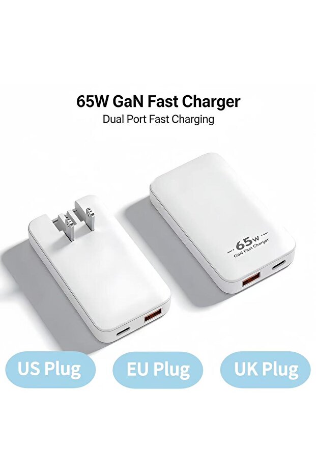 WHITE 65WUS 65W GaN Flat USB C Wall Charger Ultra Slim Dual Port USB-A & USB-C Folding Travel Charge