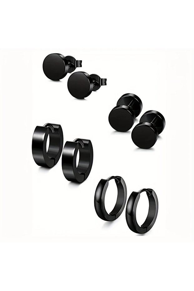 4pairs Black 8 Pairs/Set Stainless Steel Hoop Earrings Stud Earrings For Men And Women, Punk Huggie