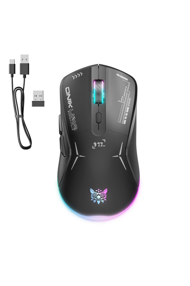 فأرة ألعاب لاسلكية Onikuma Cw917 سوداء، 6 مستويات قابلة للتعديل، 6400 نقطة في البوصة، 7 أزرار قابلة للبرمجة، 7 ألوان RGB