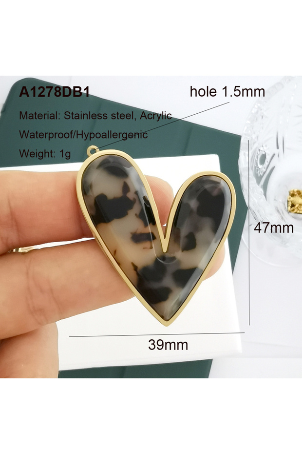 A1278DB1 Large Pendant Charm for Necklace Heart Flower Oval Leopard Print Brown Big Statement Stainl