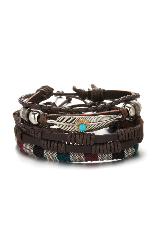 BR22Y0224 Trendy Braided Wrap Leather Bracelets Men Vintage Cross Dumbbell Guitar Charm Wood Beads M