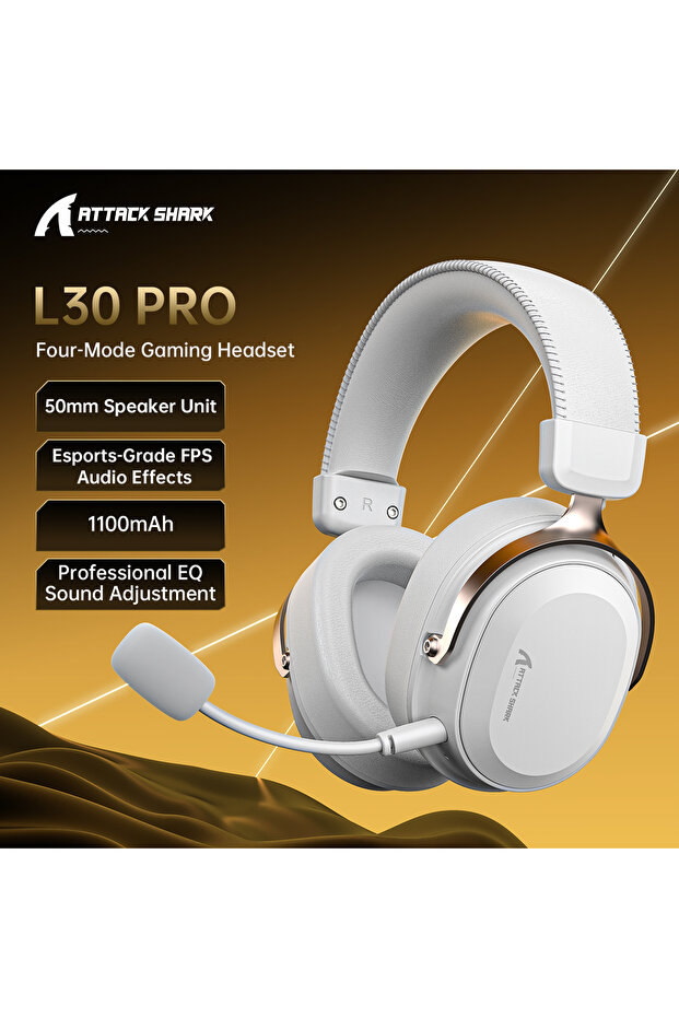 سماعة ألعاب لاسلكية بيضاء ATTACK SHARK L30PRO مع صوت محيطي 7.1 ومشغلات صوت 50 ملم وزمن استجابة منخفض 2.