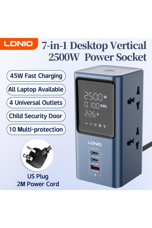 SC2-45W-US LDNIO 45 واط مقبس شريط طاقة عمودي متعدد المنافذ عالمي سلك تمديد QC PD