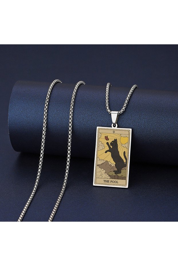 The Fool Fashion Stainless Steel Epoxy Cat Tarot Card Necklace For Men Women Animal Divination Jewel