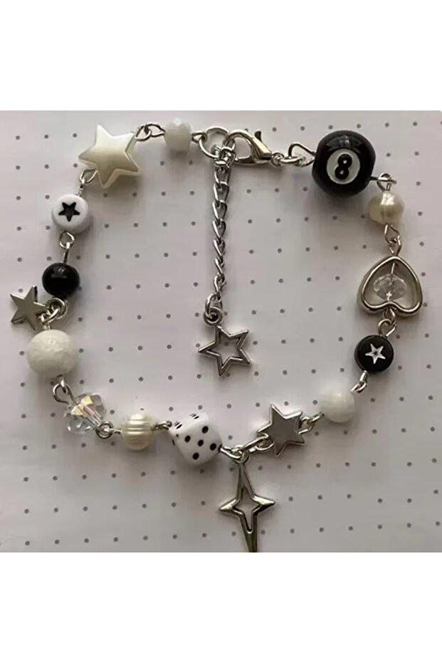 03 Creative Handmade No. 8 Ball Star Beaded Dice Star Bead Vortex Bracelet Coquettish Y2k Gothic Bra